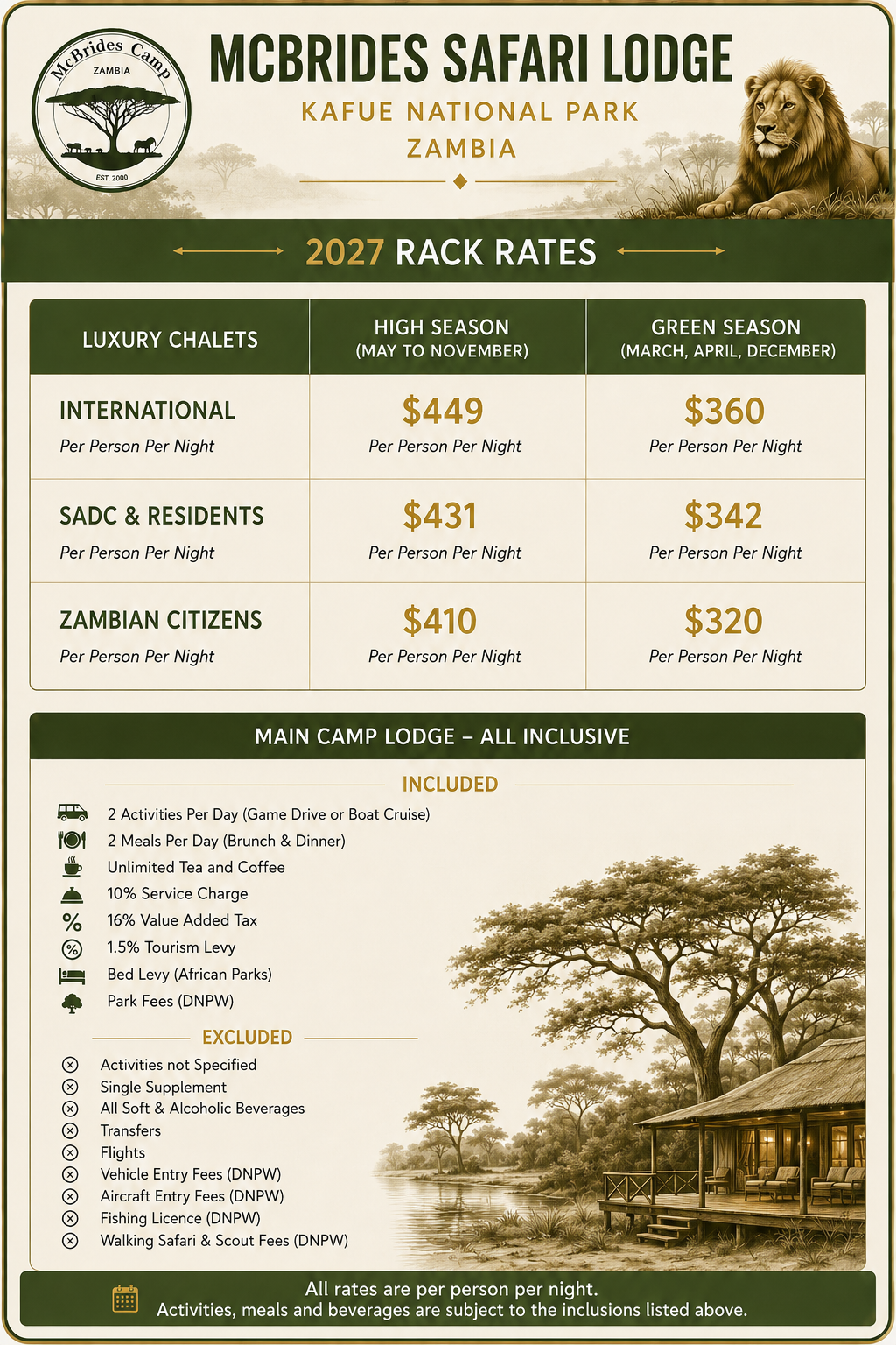 McBrides Camp Kafue National Park Rack Rates 2027